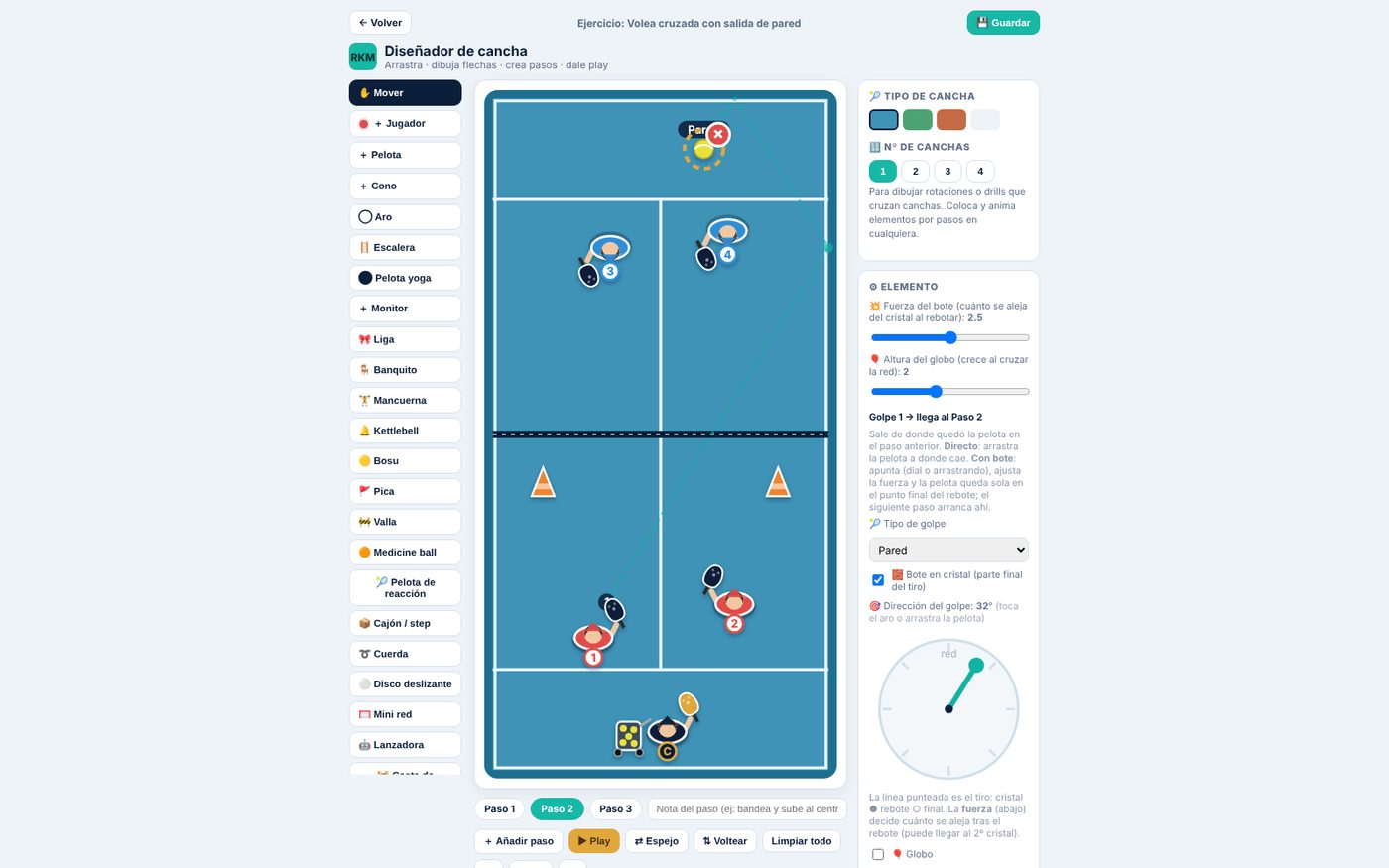 Diseñador de ejercicios: jugadores, coach con carrito y trayectoria de la pelota con bote en cristal